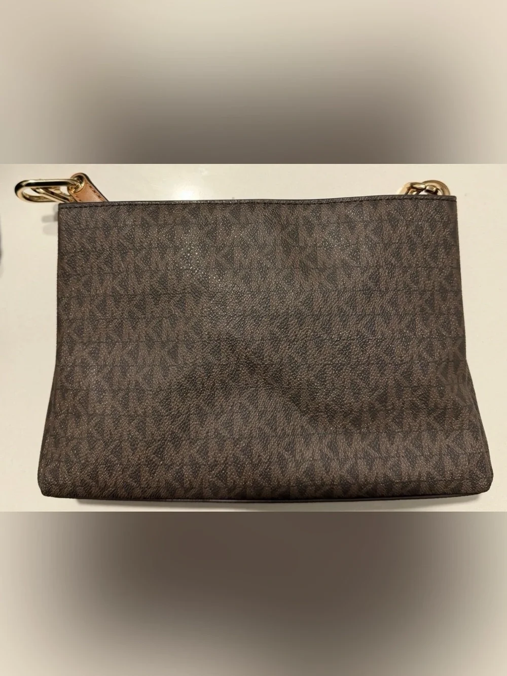 Michael Kors Brown Logo Clutch with Gold Hardware Zip Closure
